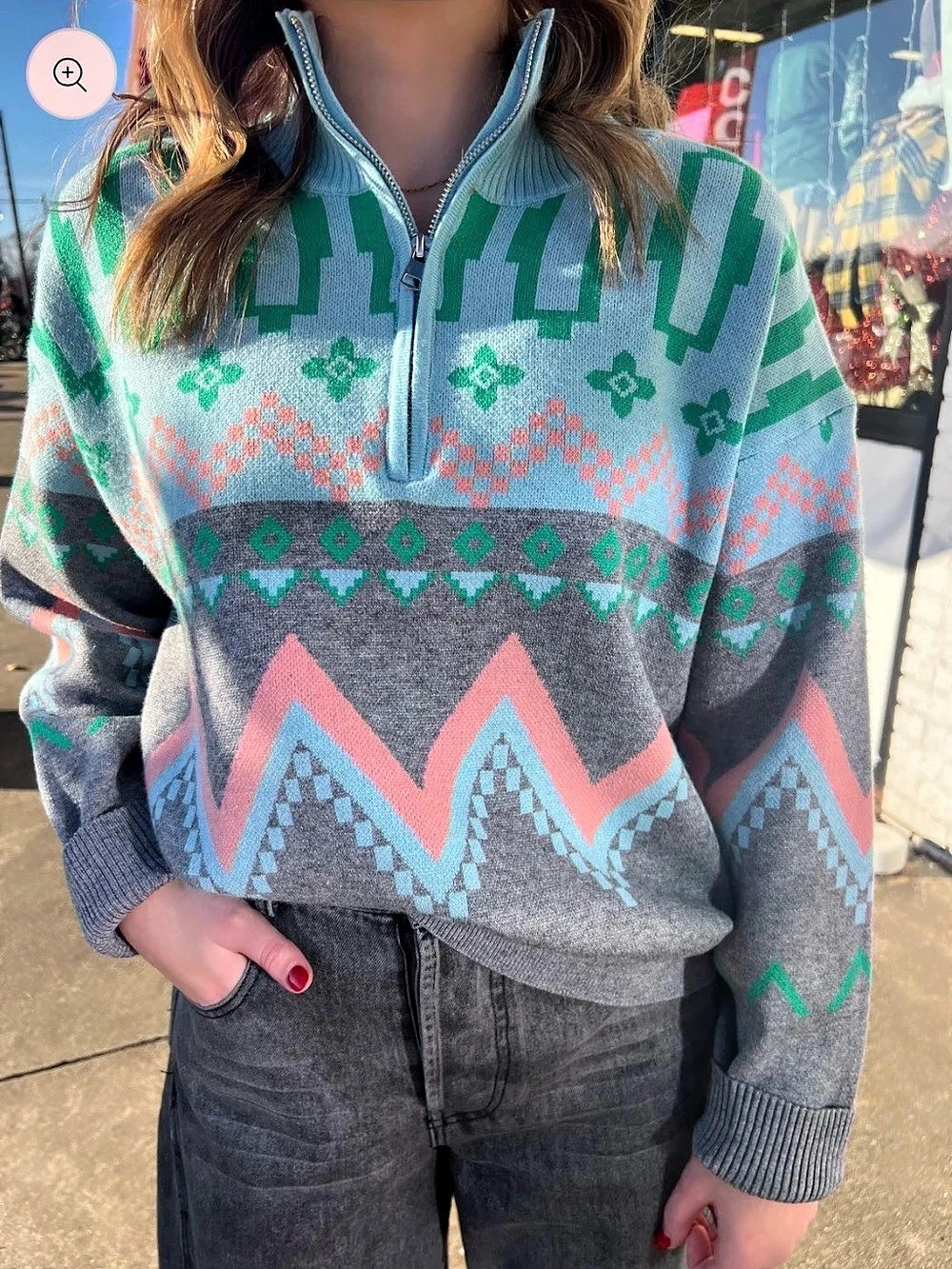 &merci Bright vintage zip-up sweater / geometric print / retro style